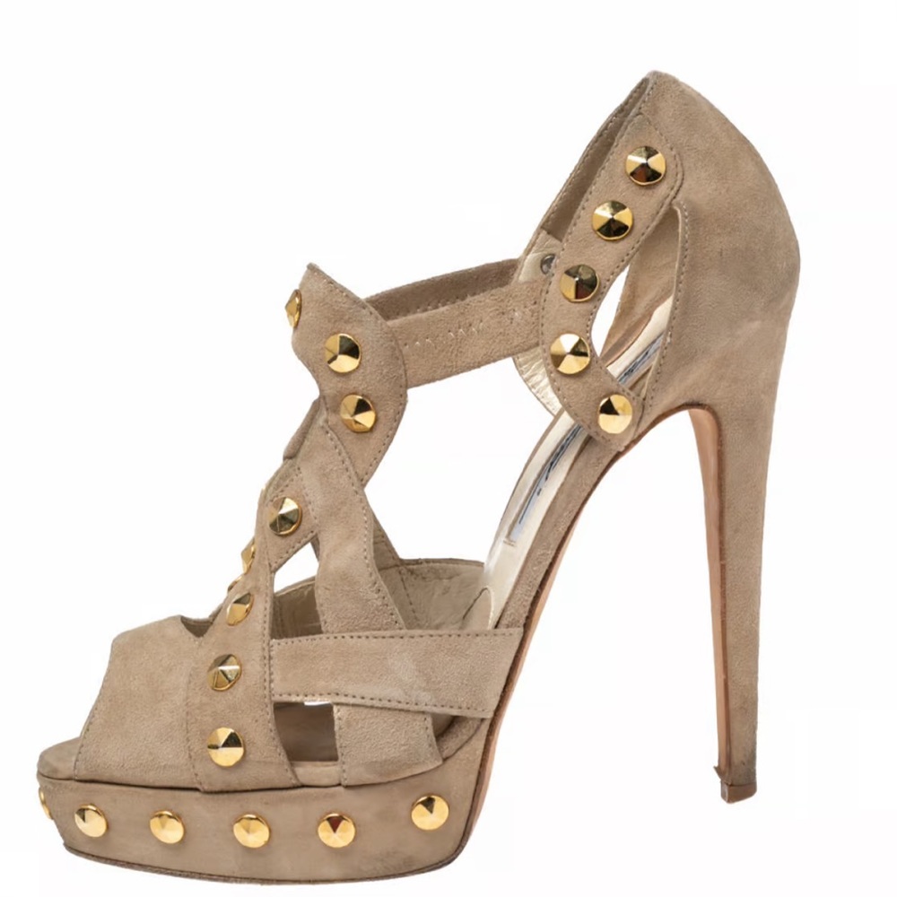 Brian Atwood Beige Cut-Out Studded Suede Peep-Toe Platform Pumps Size 39